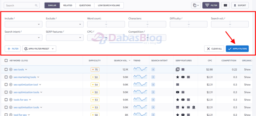 SE Ranking keyword filters