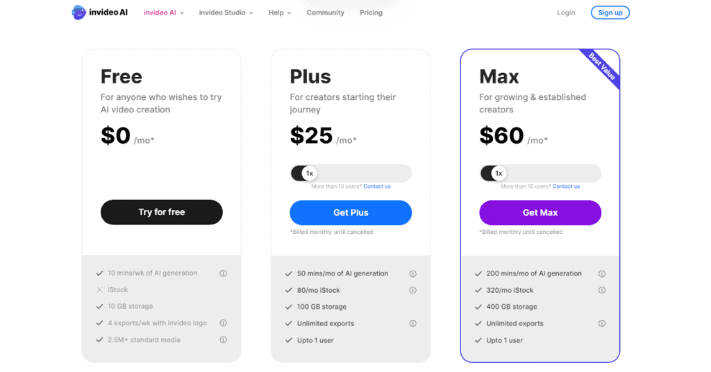 Invideo AI Pricing