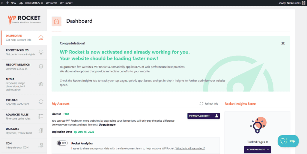DabasBlog WP Rocket Dashboard