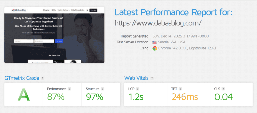 wp rocket review GTMetrix Before Dashboard