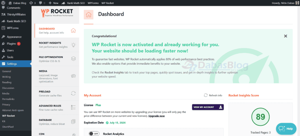 wp rocket review WP Rocket Dashboard